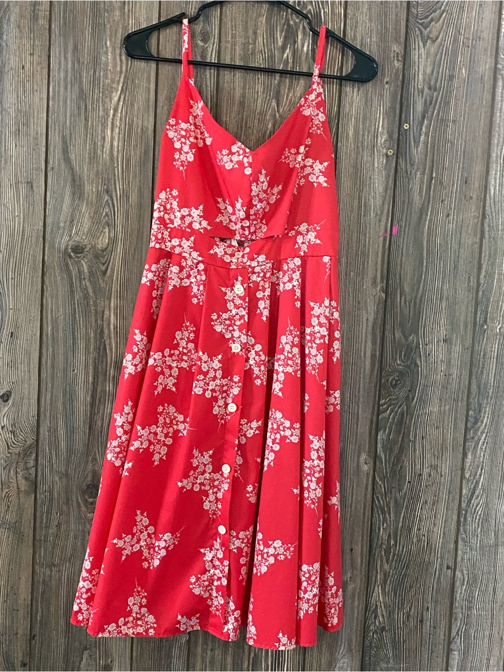 Fancyinn Red Floral Front Cutout Midi Dress